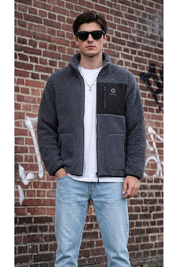 Men's Lamb Welsoft Plush Fabric Full Zipper Jacket with Front Pockets