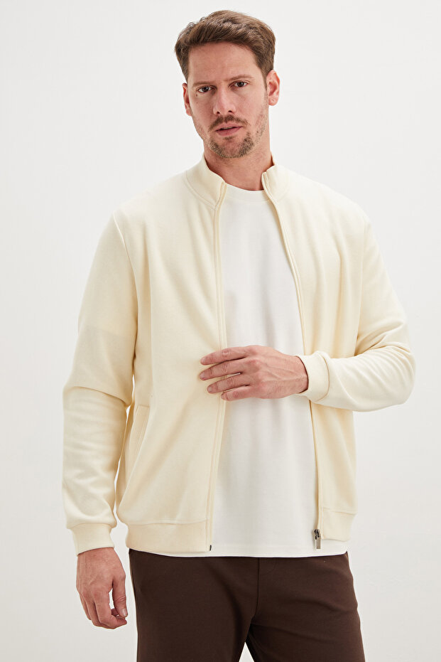 Ribbed Collar Zippered Regular Fit Jacket