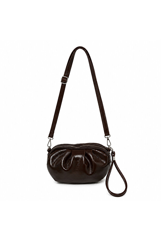 Bitter Brown Drawstring Women's Portfolio Bag, Daily Handbag with Hand Grip Handle and Long Crossbody Strap