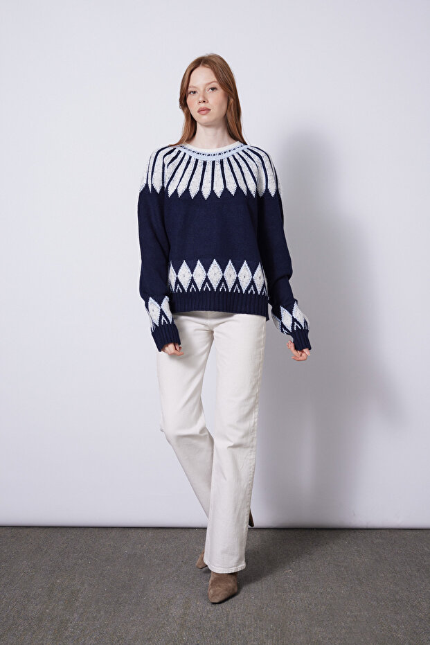 Jacquard Patterned Crew Neck Tricot Sweater Navy Blue
