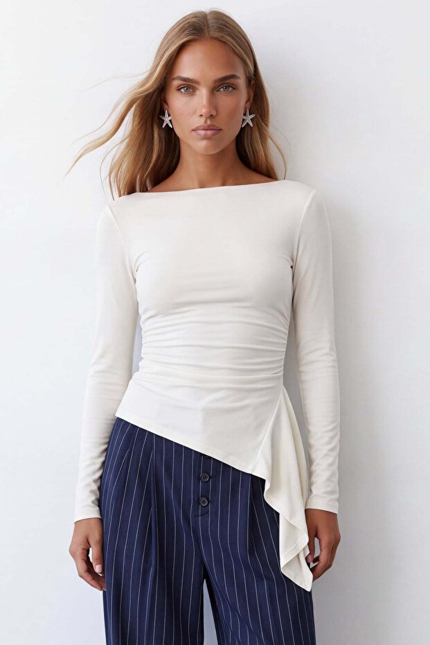 Women's Ecru Asymmetrical Long Sleeve Blouse Alc-X15679