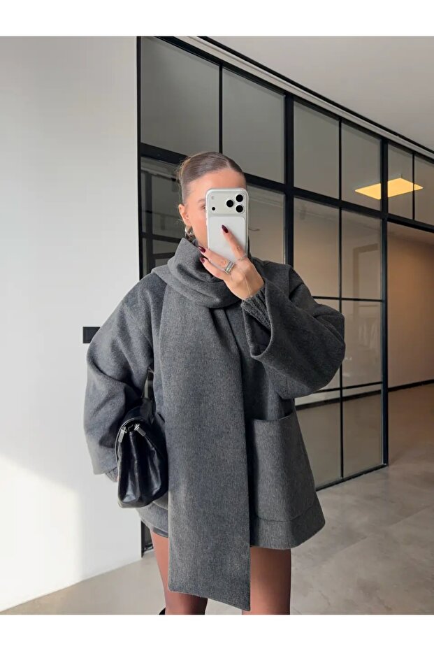Premium Oversize Checked Jacket with Shawl Detail in Anthracite