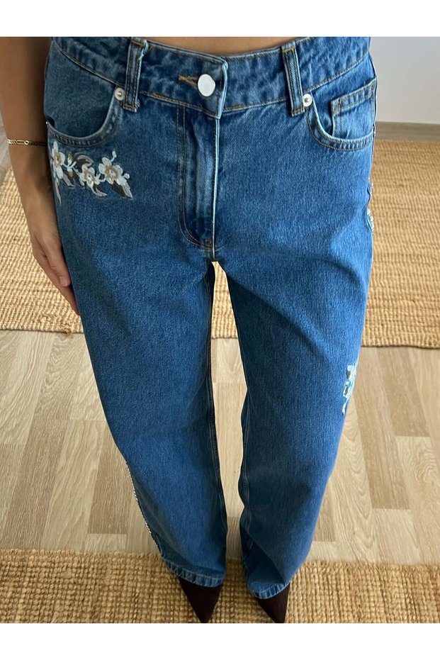 Embroidered Jeans with Beads and Stone Accents on the Sides