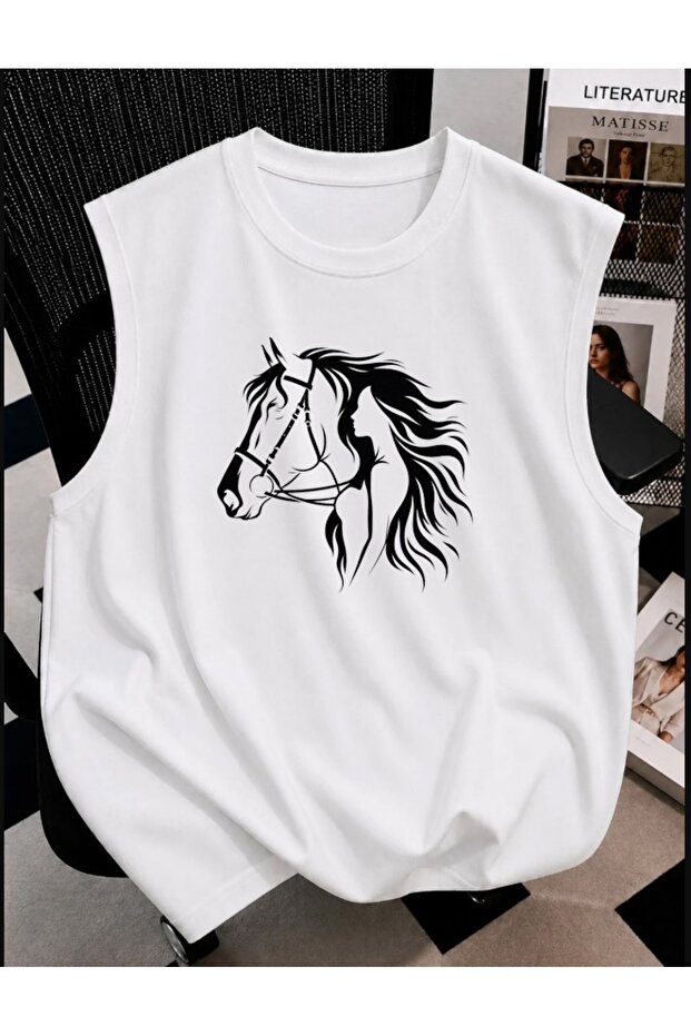 Unisex Oversize Women's and Horse Silhouette Printed Athlete's Tank Top