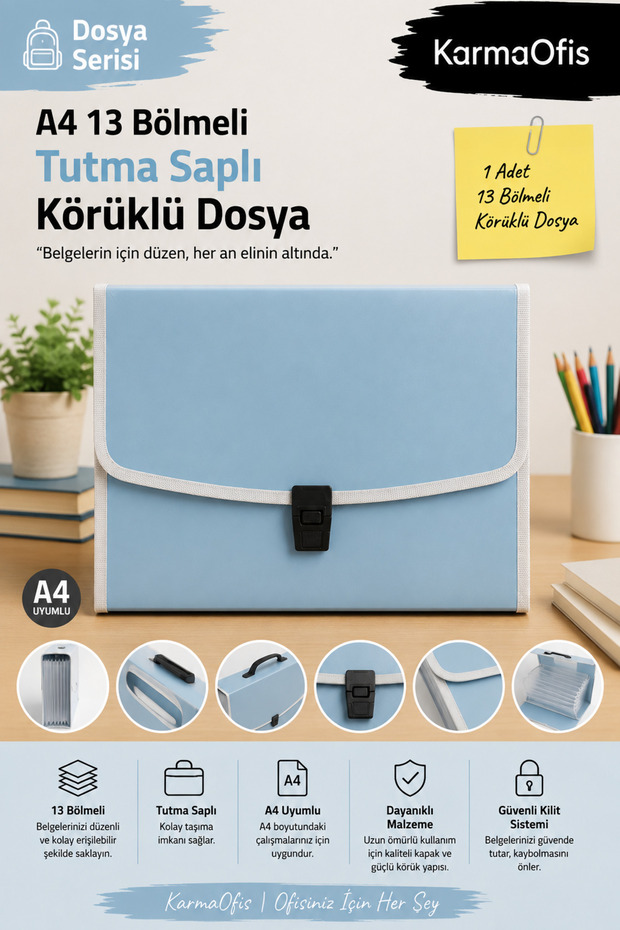 A4 13-Compartment Bellows File with Handle | Document Organizer with Lock – Pastel Blue Color