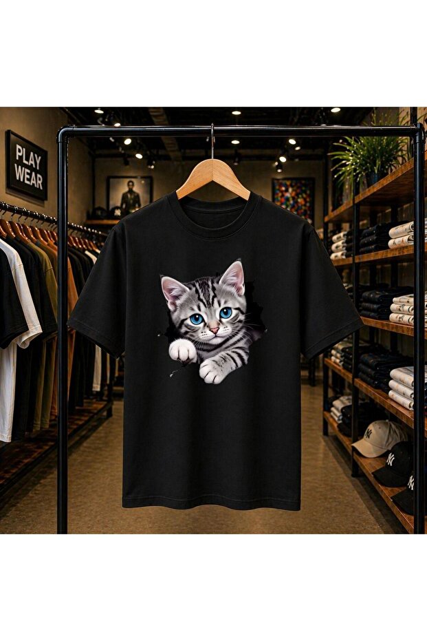 Maviş Cats Printed 100% Cotton Oversize Loose Regular Fit Crew Neck T-Shirt