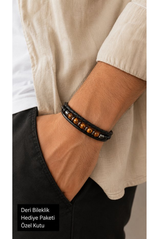 Delvani Umber Black Leather Men's Bracelet - Brown Tone Beaded Weave