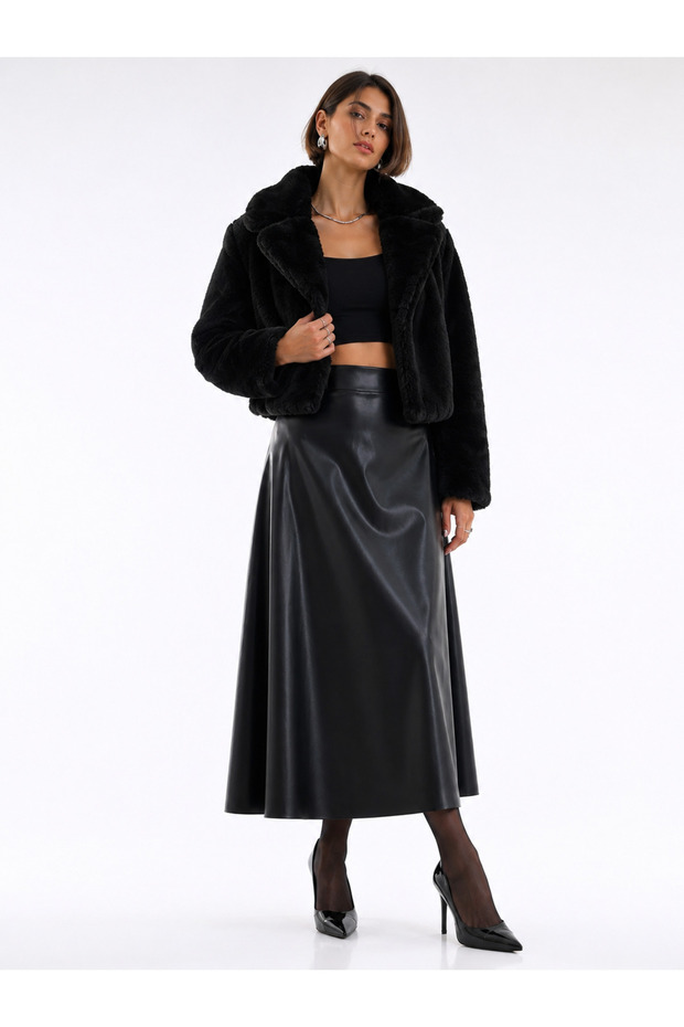 Women's Modest Faux Leather Maxi Flared Skirt