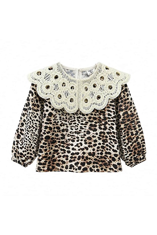 Girl's Collared Leopard Patterned Bodysuit