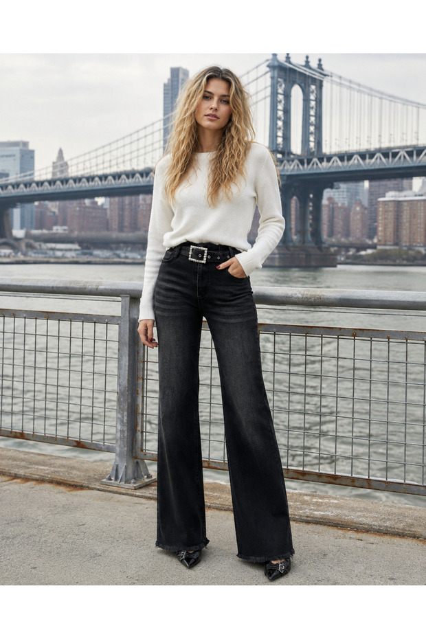 Women's High Waist Faded Effect Vintage Belted, Waist Tassel Leg Tassel with Lycra Palazzo Jean