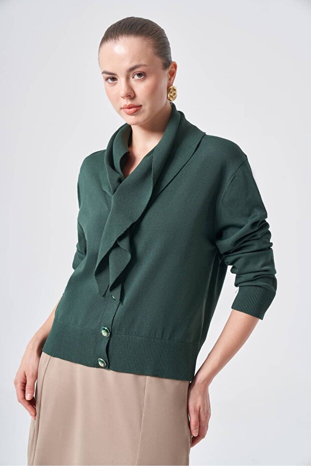 604 Removable Shawl Collar Knitwear Cardigan Pine Green