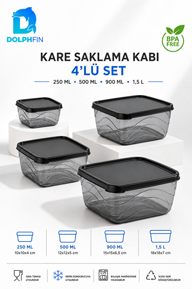 Set of 4 Square Storage Containers with Lids 250 ml 500 ml 900 ml 1.5 L Bpa Free