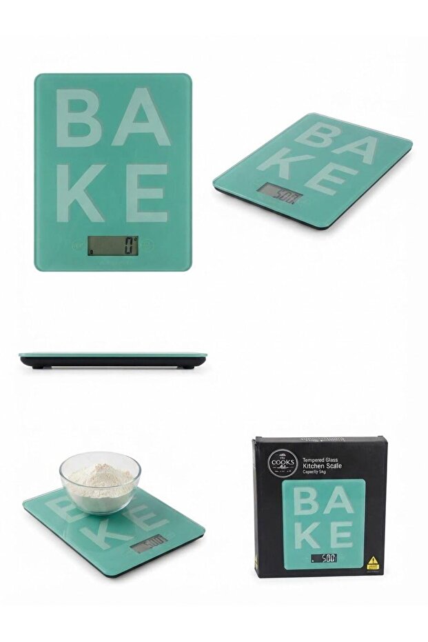 The Cooks Co. Digital Kitchen Scale, Tempered Glass, Teal, 5kg BAKE Typography Design, LCD Display, Slim Profile, Tare Function, Baking Use
