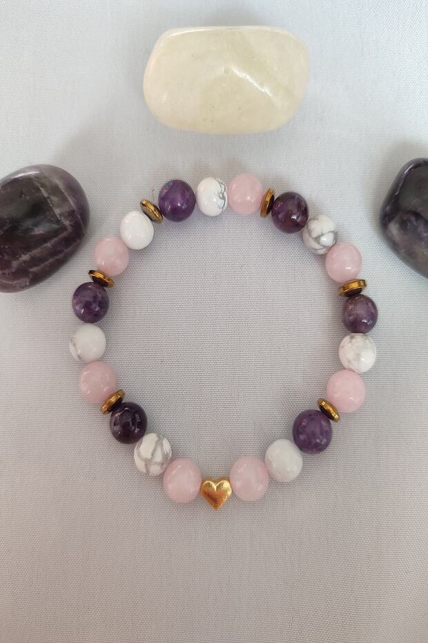 Certified Howlite, Pink Quartz, Amethyst Natural Stone Bracelet