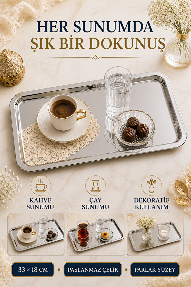Premium Stainless Steel Presentation Tray 33X18 cm – Stylish Rectangular Tea and Coffee Serving Tray