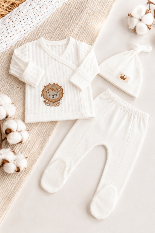 Baby Boy Lion Patterned 3-Piece Newborn Set Hospital Discharge Set Daily Gift Set with Cotton Gloves