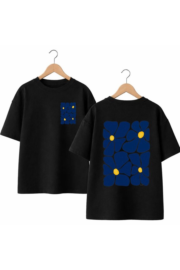 Blue Medium Yellow Back and Front Chest Printed 100% Cotton Oversize Loose Regular Fit Crew Neck T-Shirt