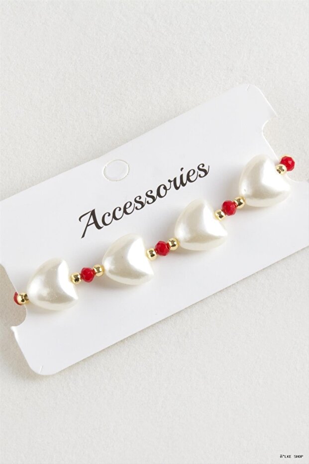 Ilkestor Heart Pearl Crystal Macrame Rope (205004) Bracelet Red