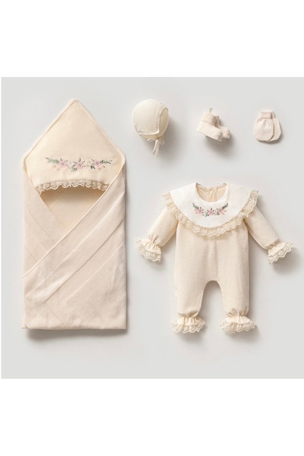 Floral Embroidered Velvet Jumpsuit, Organic Cotton Knitwear Swaddled 5-Piece Baby Girl (0-3 Months) Hospital Discharge Set