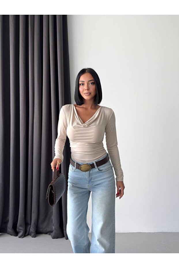 Women's Beige Degaje Collar Yandan Ruched Sandy Blazer