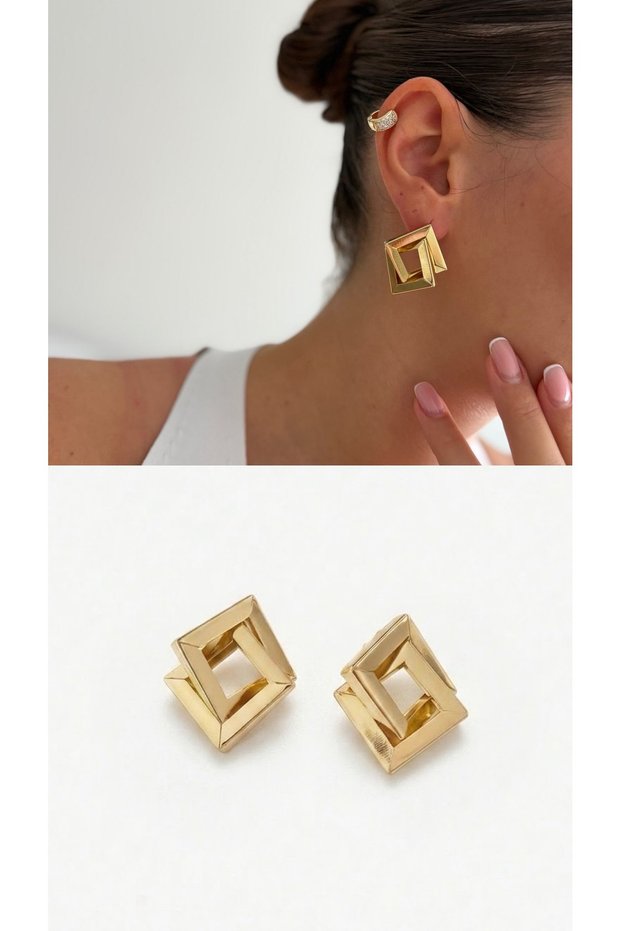 Gold Women's Steel Geometric Earrings – Modern Square Design