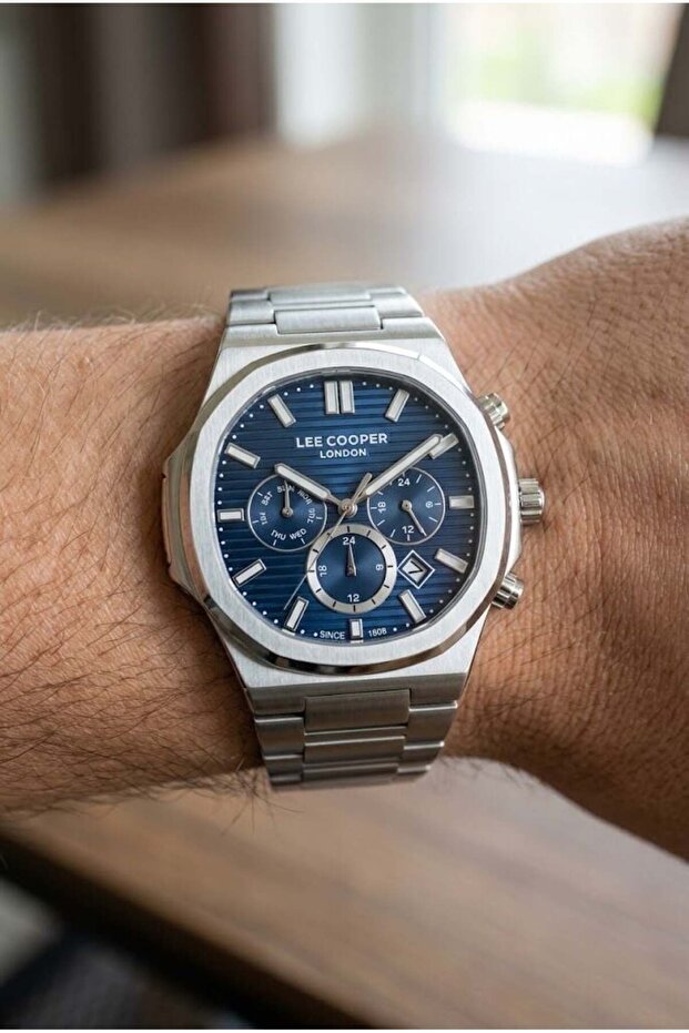 Silver Men's Wristwatch | 42mm Stainless Steel Case, Navy Blue Dial