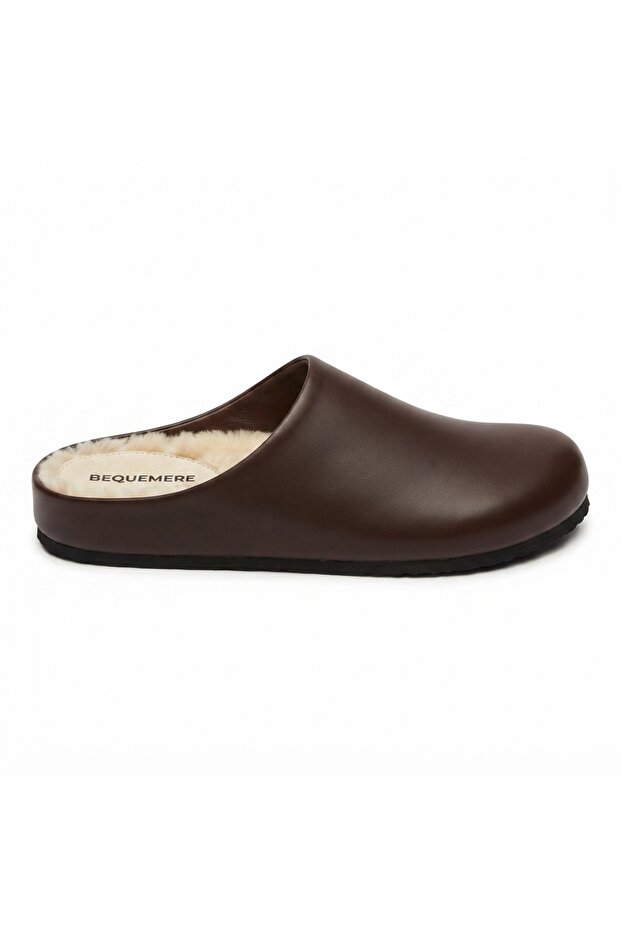 Mw410 Brown Genuine Leather with Real Wool Inside, Winter Full-Cover Cork Sole Unisex Orthopedic Sabo Slippers