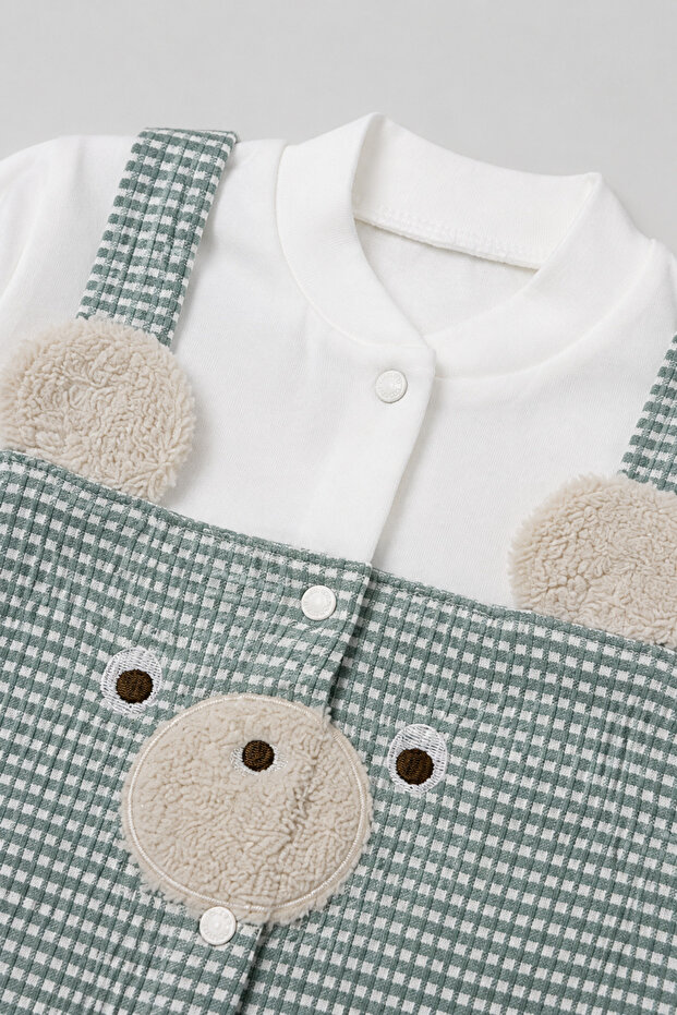 Cute Teddy Bear Detailed Plaid Patterned Newborn Jumpsuit – 100% Cotton