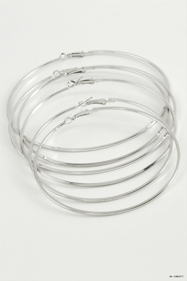 Concepta Flat Metal Hoop Earrings 6 Pcs (03529) Silver Color