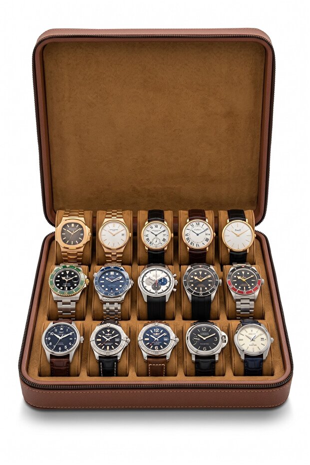 30×30×7 15 Compartments Zippered Wooden Case Watch Storage Box Brown