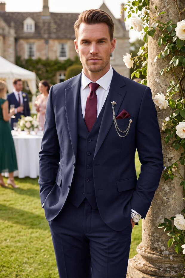 Men's Slim Fit Dark Navy Blue 3-Piece Suit with Vest Double Button Double Slit Suit 26005
