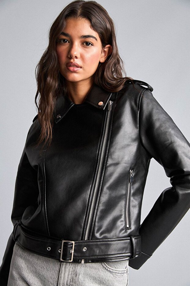Regular Fit Double-Breasted Zippered Faux Leather Coat G8843Ax26Au