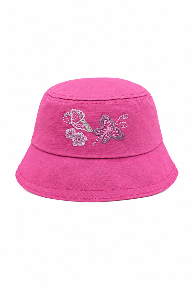 Pink Butterfly and Flower Embroidery Kids Bucket Hat Summer Beach Sun Hat
