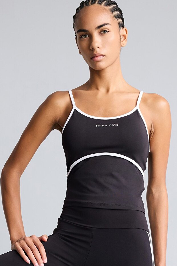 Printed Thin Strap Crop Tank Top with Piping Detail I7633Ax26Hs