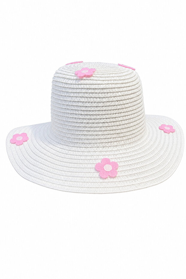 White Straw Beach and Sun Hat with Pink Flower Detail for Kids