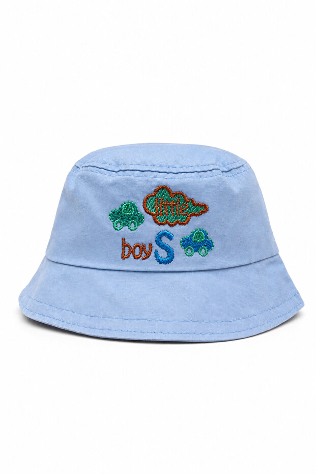 Baby Kids Summer Sun Hat Embroidered Little Boy Car Pattern Light Blue Bucket Hat