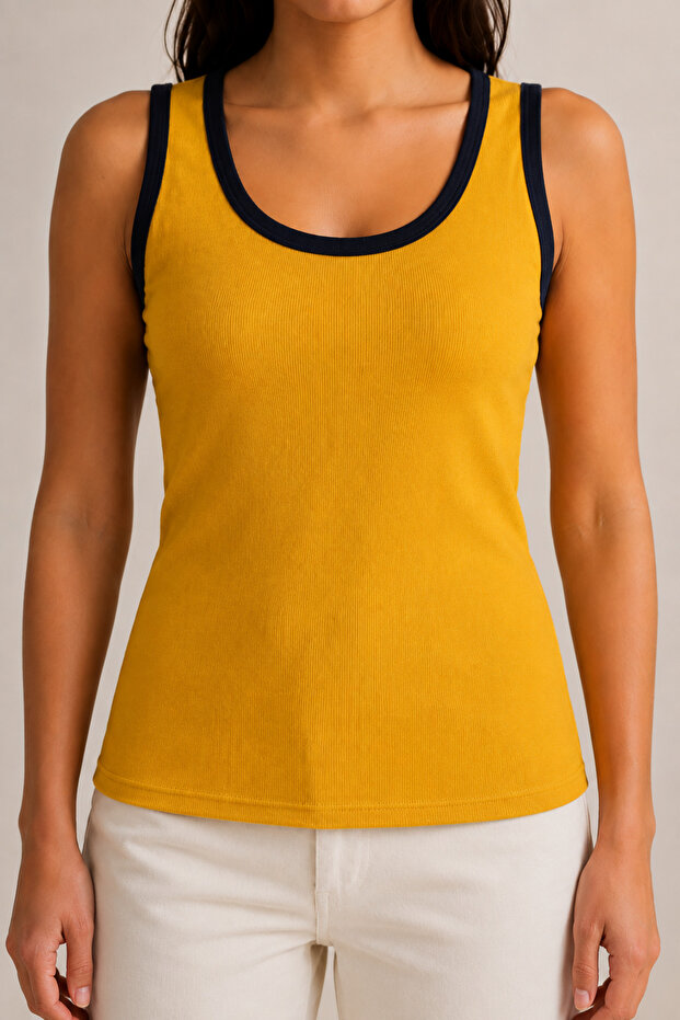 Women's Contrast Ribbed Wide Strap Ribbed Stretchy Regular Tank Top
