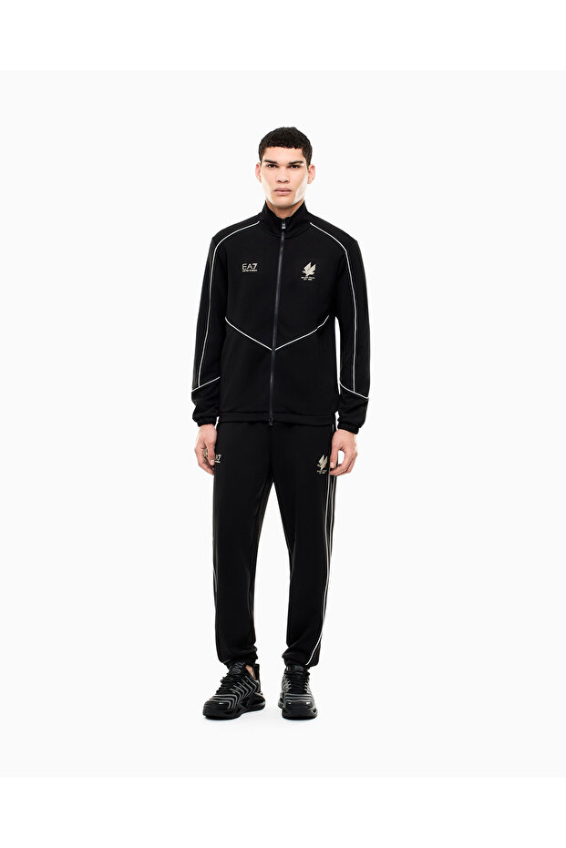 Men's Viscose Blended Stand Collar Regular Cut Black Tracksuit Set with Logo Detail