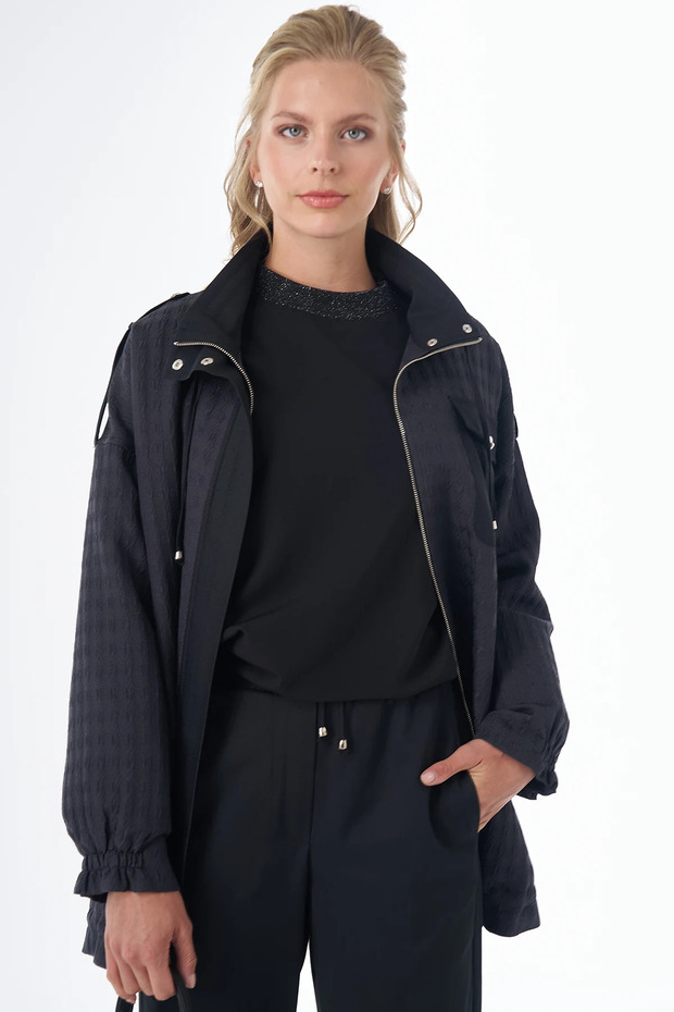 Houndstooth Pattern Stand Collar Jacket Black