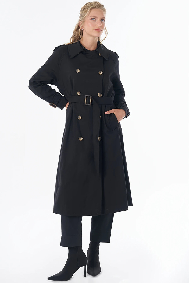 Buttoned Double-Breasted Trench Coat Black