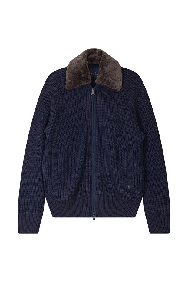 Men's Regular Fit Wool-Blend Zippered Faux Fur Collar Detailed Navy Blue Jacket