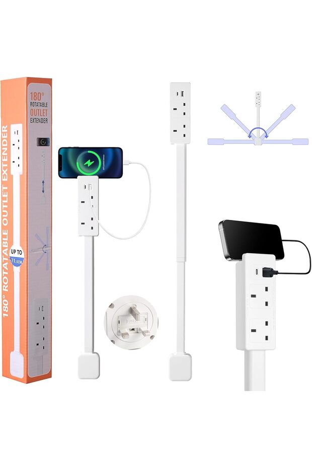 Electrical Outlet Socket Extender, 1500W Power Socket Extender with 2 AC Outlets, USB-A and USB-C Ports, 71.5cm Extendable Rotating Multi-outlets for Behind Couchs, Desks, Nightstands, White