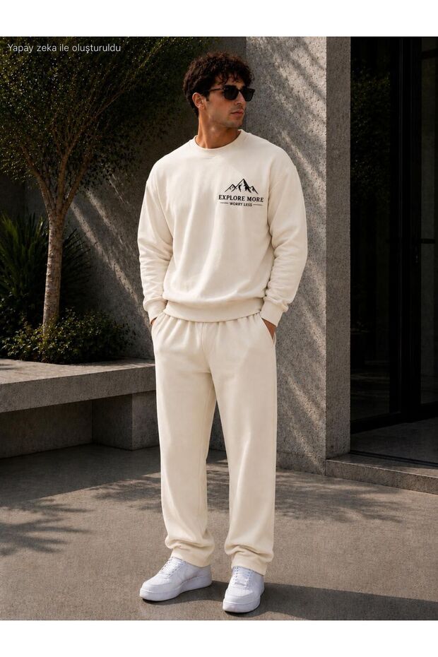 Men's Explore More Mountain Printed Crew Neck Regular Fit Men's Tracksuit Set /Straight Leg Bottom