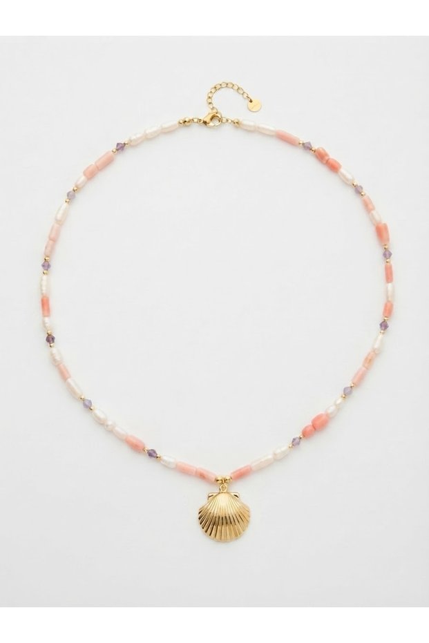 Capo Woman Oyster Necklace – Gold Design with Amethyst and Pink Coral Stones