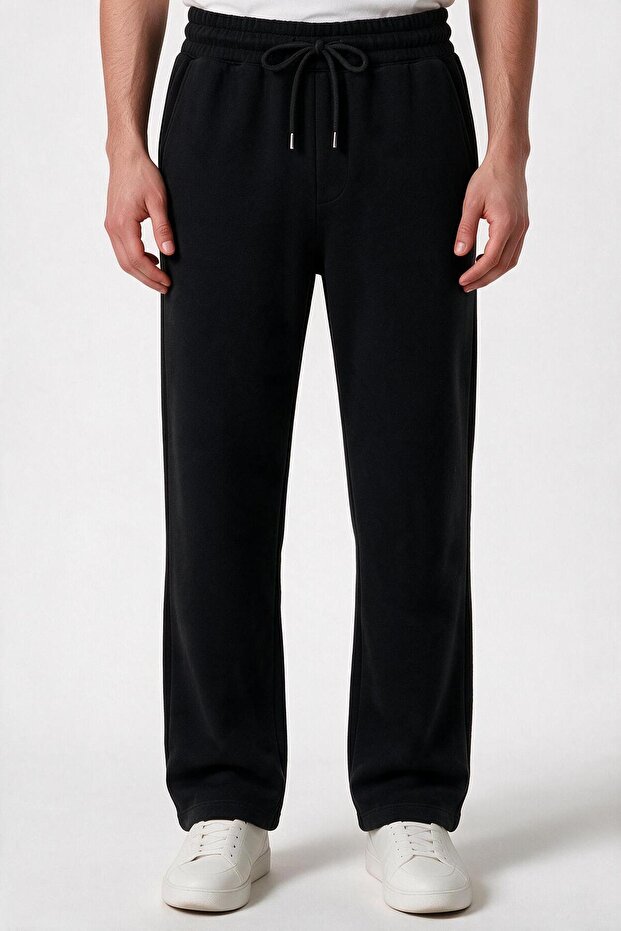 Men's Black 3-Thread Comfortable Cut Cotton Sweatpants with Fleece Inside