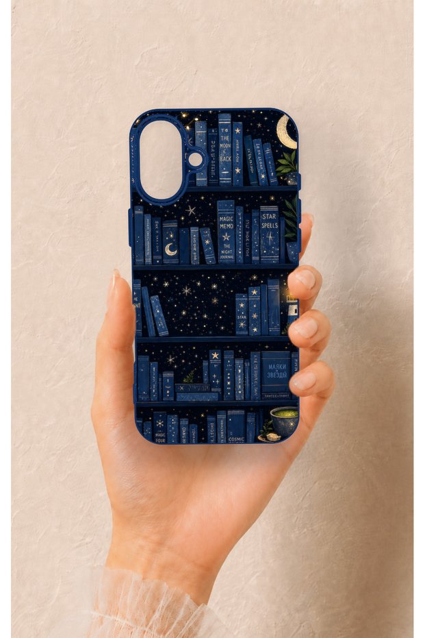 iPhone 16 Plus Compatible Night-Themed Bookshelf Patterned Silicone Case