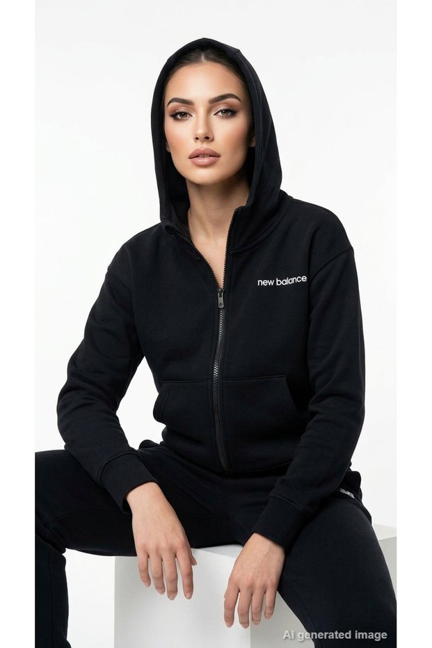 Women's Sweatshirt Black Hooded Zippered Pocket Cotton Comfortable Cut Casual Model Wnj3633-Bk