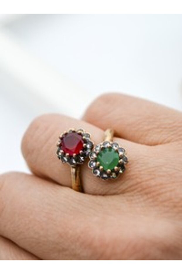 Root Ruby and Root Emerald Adjustable Ring - Bronze Color -