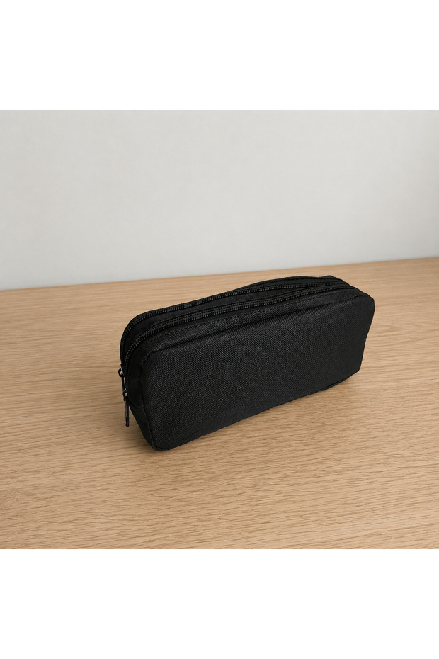 Black Double Compartment Fabric Pencil Case with 2 Compartments Pen Holder