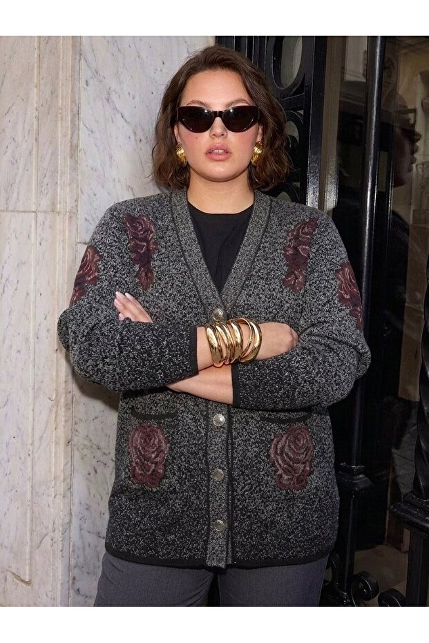 Karyağdi Rose Patterned Steel Knitted Tricot Women's Jacket